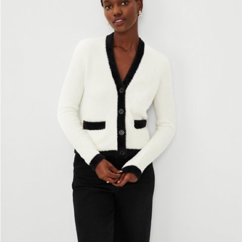 Ann Taylor Tipped Fuzzy Pocket Cardigan Sweater 604596